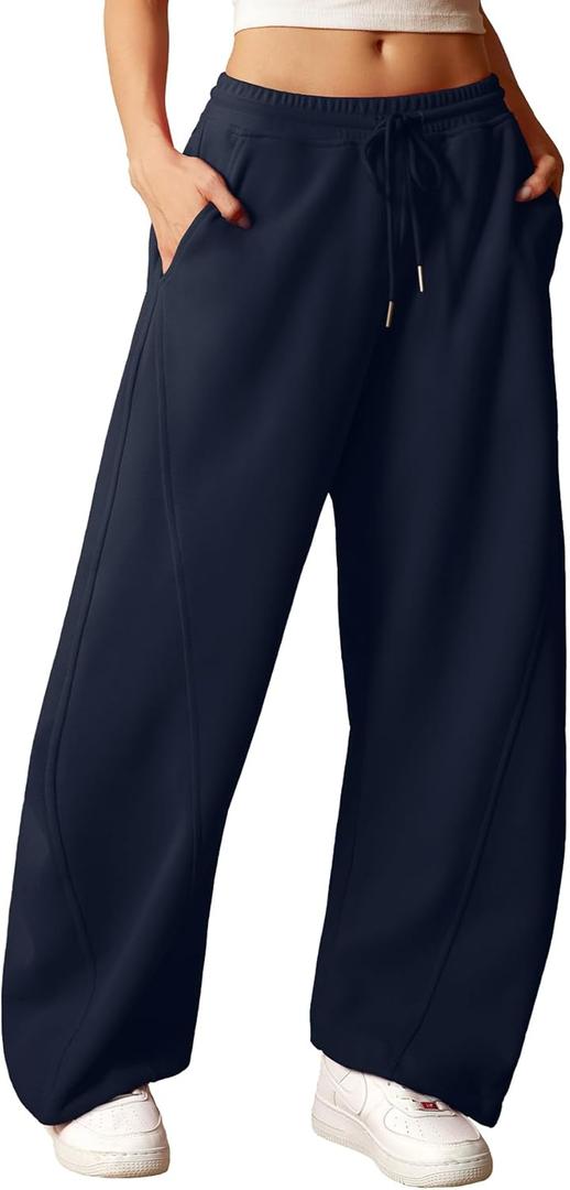 ELLEVEN Women's Y2K Wide Leg Sweatpants - High Elastic Waist Baggy Pants with Pockets & Adjustable Ankle Drawstring Cuffs (Navy Blue, Small)