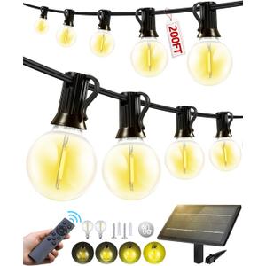 200FT Solar Lights Outdoor Waterproof: G40 60M Shatterproof Bulbs Patio Lights - Solar Powered Remote Control 3 Light Modes Dimmable Solar Light - Camping Backyard Garden Deck Outside Yard