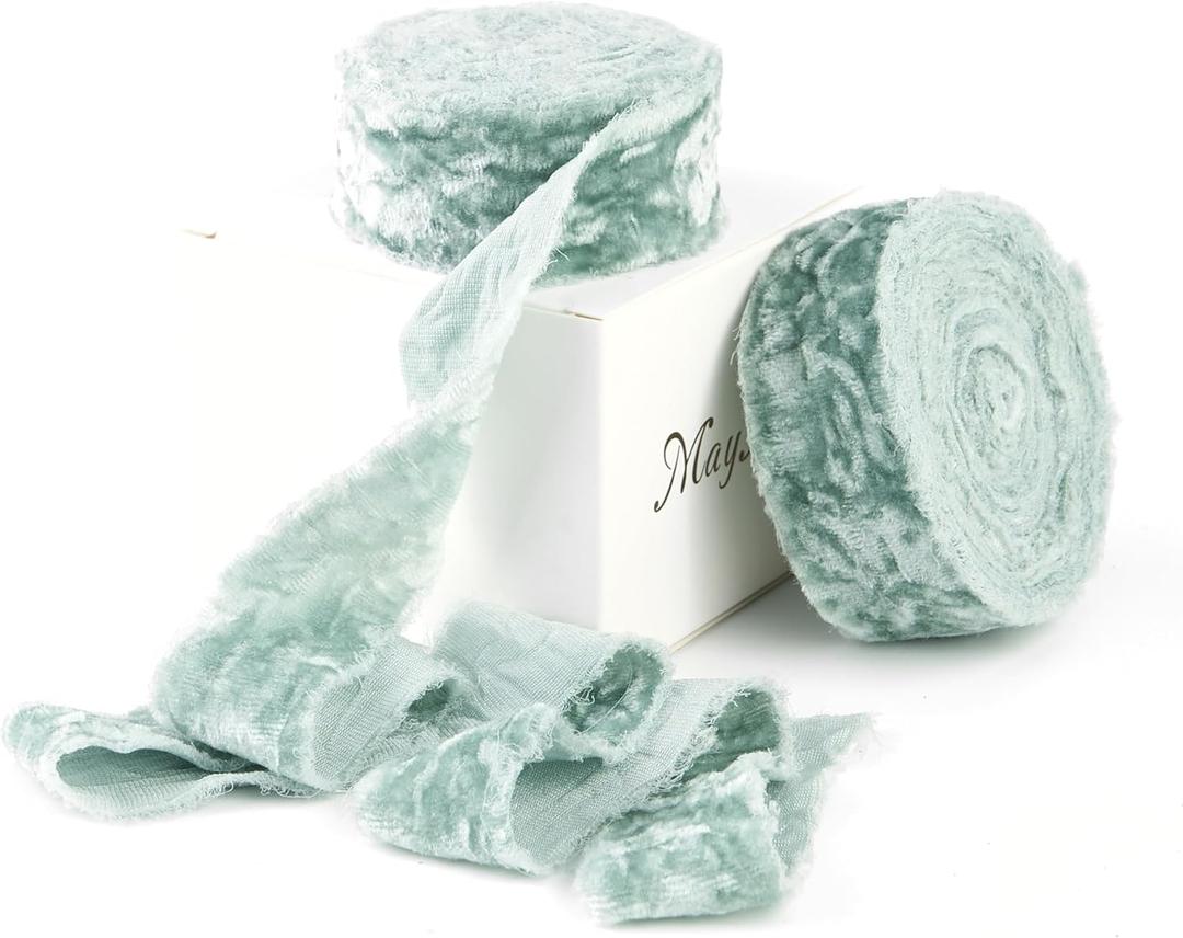 MAYREEL 1 Inch Slate Blue Crushed Velvet Ribbon Frayed Edge Hand Torn Fringe for Bridal Bouquets Invitations Vow Books Gift Baskets Hair Bows 6 Yards