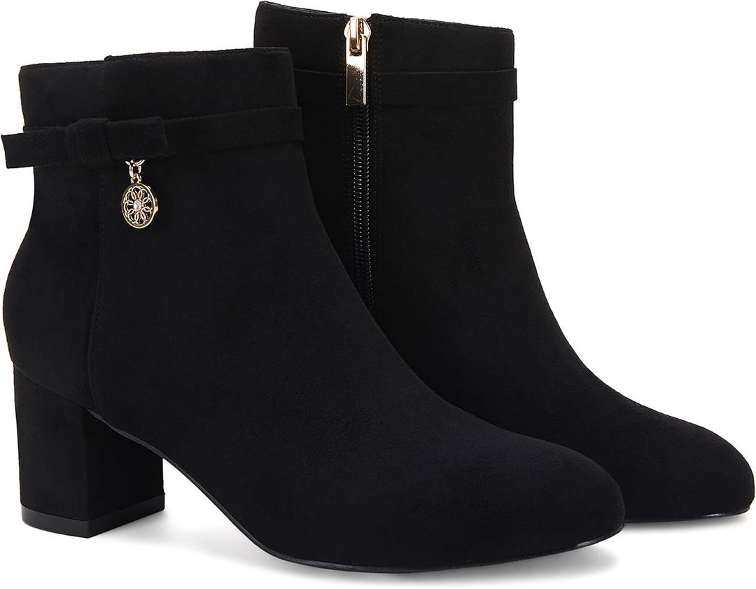 Coutgo Women's Ankle Boots Chunky Block Low Heel Vintage Tie Knot Booties Shoes with Side Zipper (8, Black)