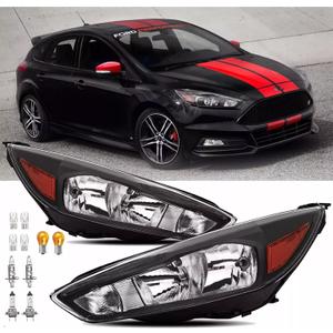 2PCS Headlight Assembly With Bulbs For 2015 2016 2017 2018 Ford Focus S SE ST SEL Titanium Replacement Focus Mark 3 Facelift Halogen Headlamps With Black Bezel Amber Reflector Without LED DRL (Black Amber Without LED DRL)