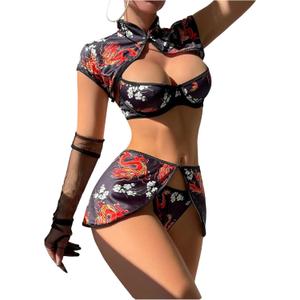 SOLY HUX Women's 4 Piece Cheongsam Costume Lingerie Set Dragon Print Qipao Cosplay Outfits (Multicoloured)