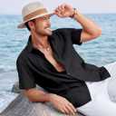 Runcati Mens Linen Cuban Guayabera Shirts Button Down Short Sleeve Shirt Cotton Hippie Summer Beach Vacation Shirts (Black, L)
