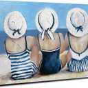 Beach Girls Wall Art Coastal Room Wall Decor Vintage Ocean Landscape Picture Nautical Bathroom Canvas Prints 16x24, Seascape Poster Retro Swimsuit Girl Painting Modern Artwork Bedroom Decoration
