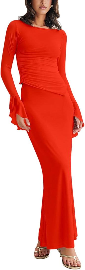 Lrady Womens 2 Piece Sets Long Sleeve Crewneck Cropped Top Slim High Waist Party Maxi Pencil Skirts Long Dress Outfits (Large)