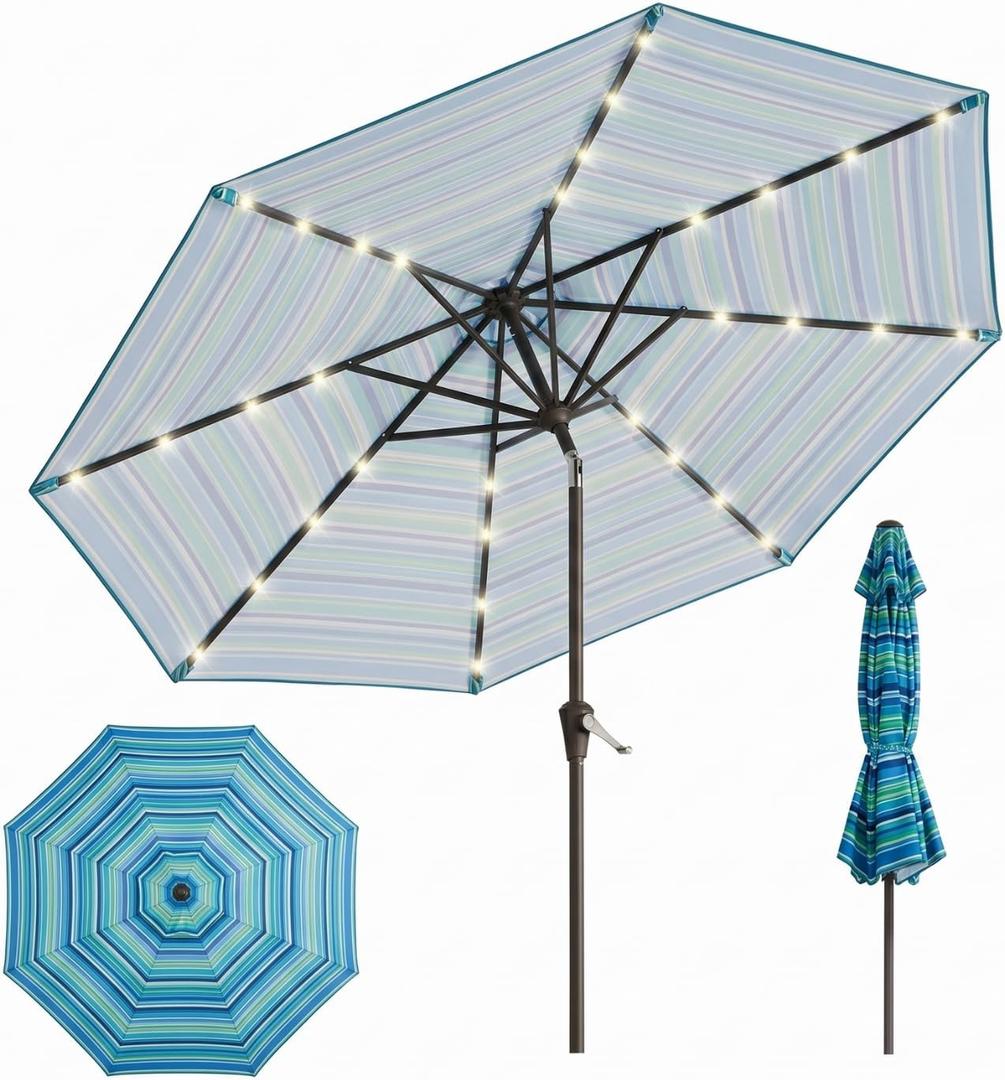 10FT Solar Lighted Patio Umbrella, Outdoor Table Market Umbrellas with Push Button Tilt and Crank, 32 LED Lights, 8 Sturdy Ribs, UV-Resistant for Deck, Garden, Pool, Blue and Green Stripe