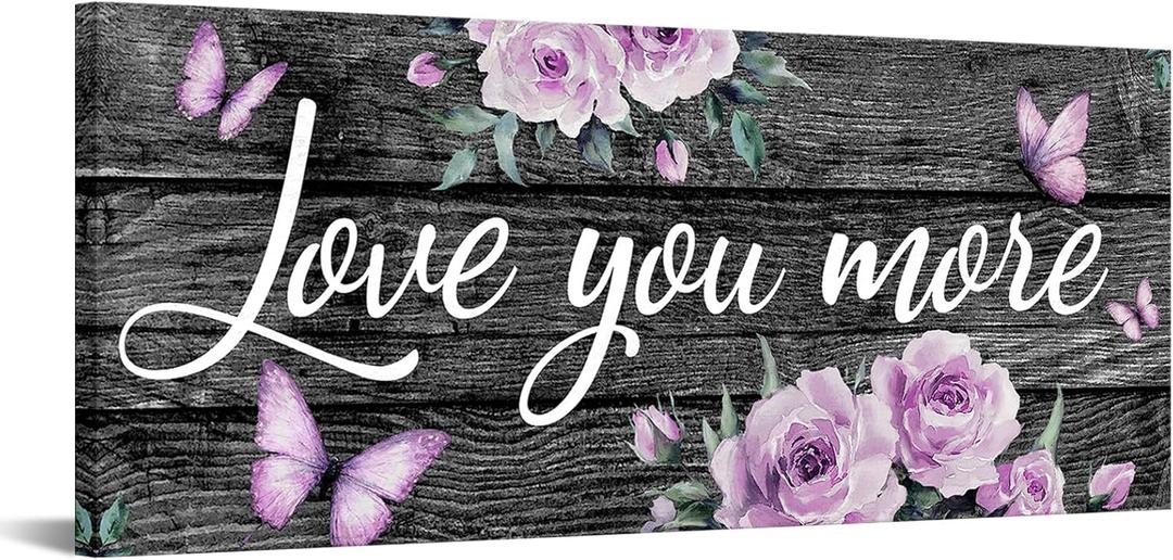 KREATIVE ARTS Love You More Canvas Wall Art with Love Quotes Rustic Farmhouse Bedroom Signs Framed Wall Decor for Couples 20x48 Inch Vintage Rose and Butterfly Giclee Prints Above Bed