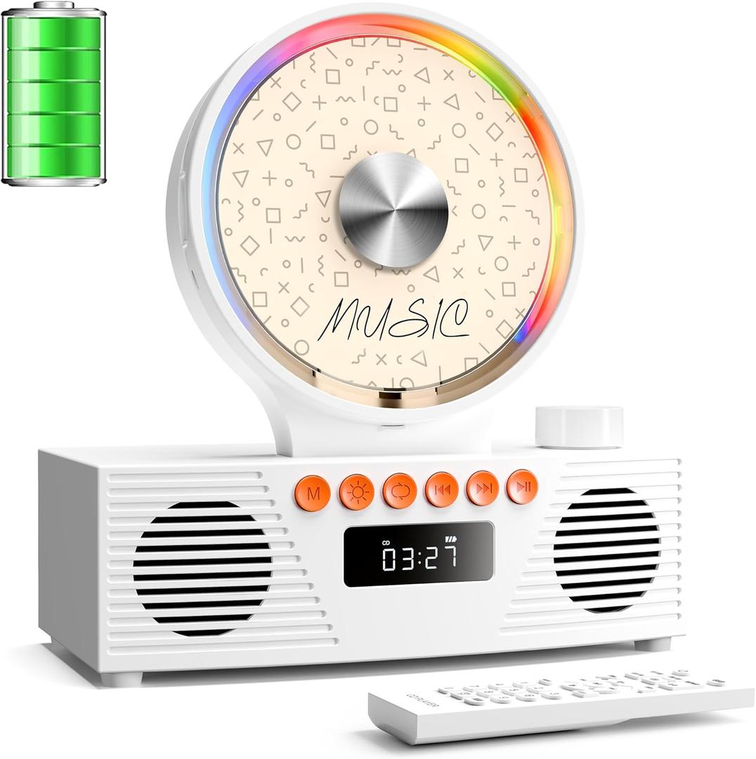 KOGODA Retro CD Player with Bluetooth 5.3 & Dual Speakers, 4000mAh Rechargeable, 6-in-1 Playback (CD/USB/TF/FM/AUX/BT), RGB Light, Portable Desktop CD Player for Home, Vintage Gift for Music Lovers