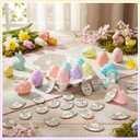 56 Set Wooden Easter Eggs Filler Tokens Wood Reward Tokens Bulk Easter Egg Hunt Token Basket Stuffer Gift for Adult with 56-color Plastic Eggshell for Basket Stuffers Family Spring Party