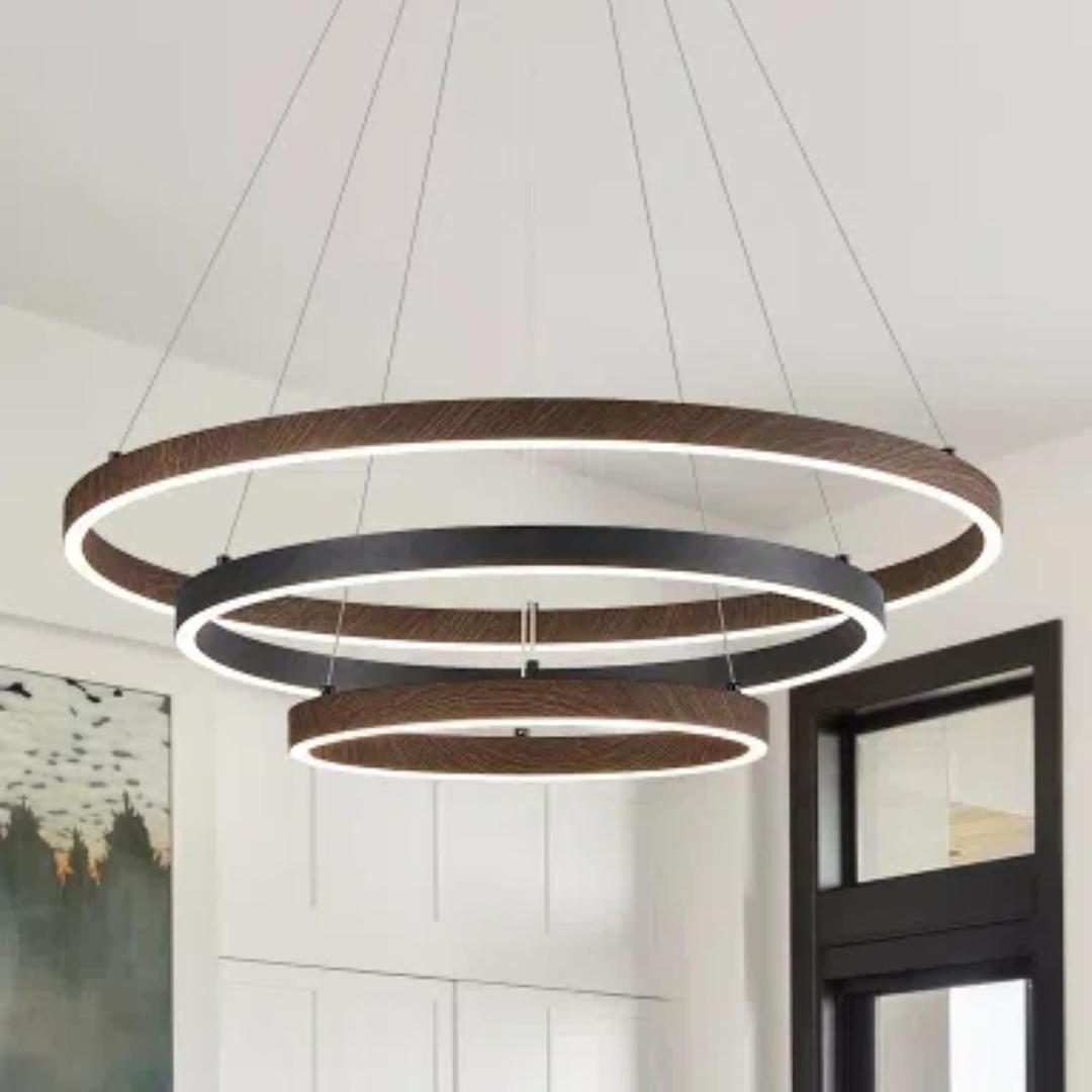 LED 3 Ring Chandelier Dining Room Modern Black Walnut Chandeliers Dimmable