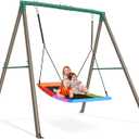 Trekassy Swing Sets for Backyard, 440lbs Heavy Duty A-Frame Metal Stand with 60" Large Platform Swing for Outdoor Playground ParkGreen/Tan Frame + Rainbow Swing(Patented)