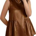 Tankaneo Womens Silk Satin Tank Tops Summer Dressy Casual Babydoll Sleeveless Shirts Peplum Pleated Loose Fit Blouses (Brown)