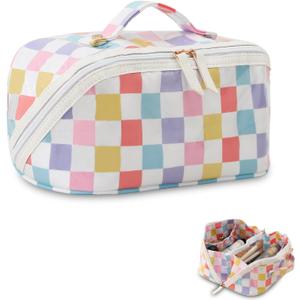 DYSHAYEN Travel Makeup Bag with Compartments Clear Coated Cosmetic Bag for Women, Waterproof Portable Open Flat Toiletry bag Rainbow Gingham