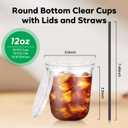 50PCS 12 oz Round Bottom Plastic Cups with Lids and Black Straws, Clear To Go Iced Coffee Smoothie Juice Cups, Disposable Cold Drink Bubble Tea Party Cups for Catering, Christmas, Birthdays, Takeout