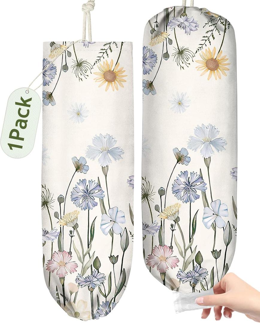 Plastic Bag Holder Organizer - 1 Pack Reusable Canvas Grocery Bags Holder Hanging Wall Cute Aesthetic Shopping Bag Storage Dispenser with Drawstring Closure for Kitchen Home, Color Floral