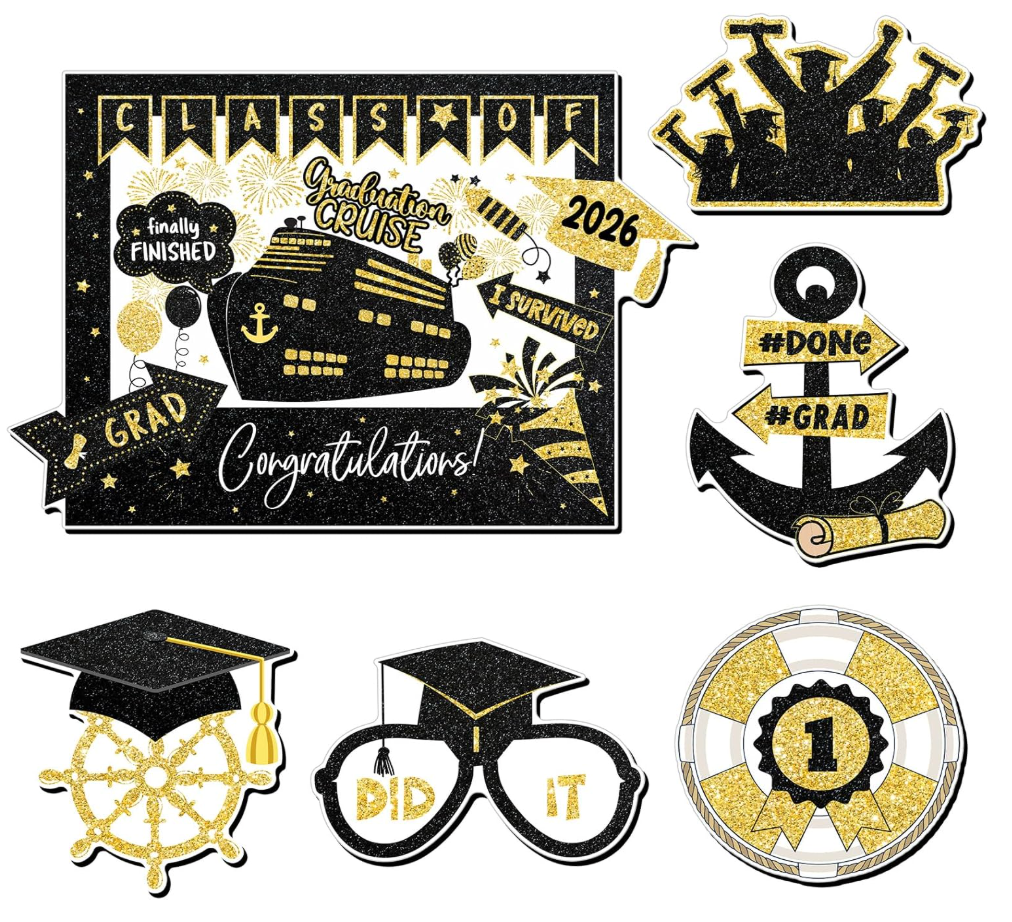 Graduation Cruise Magnets - 6 Pcs Graduation Magnets for Cruise Ship Door Class of 2026 Congrats Grad Large Ship Cabin Anchor Magnetic Stickers Decal for Carnival Cabin Party Decor