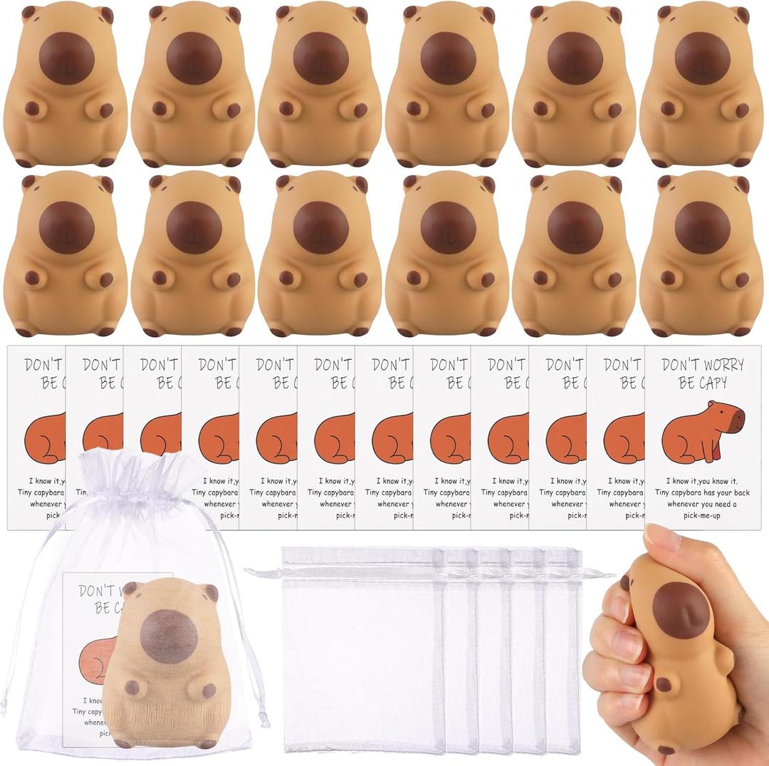 36 Pcs Capybara Squeeze Toys Sensory Capybara Stress Toys Including Soft Capybara Toys Custom Card Organza Bag, Positive Squeeze Stress Balls, Cute Animal Squeeze Toys for Children Adults