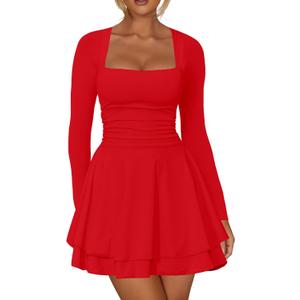 Kaximil Women's Square Neck Ruffle Hem Mini Dress Ruched Waist Long Sleeve Corset Short Party Dresses (Medium, Red)