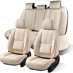 Car Seat Covers, Nappa Leather Car Seat Covers, Waterproof Automotive Seat Covers with Airbag Compatible, Universal Car Seat Protector Fit for Most SUV Sedans Trucks (Light Beige, Full)