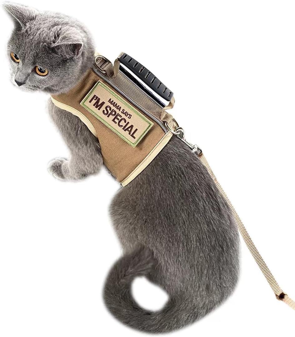 Tactical Cat Harness and Leash for Walking Escape Proof, Adjustable Cat Walking Jackets, Padded Stylish Cat Vest, Khaki, Large (L 8-12LBS)