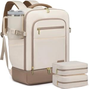 LOVEVOOK Travel Backpack for Women with Shoes Compartment,40L Personal Item Travel Bag Flight Approved Carry On Backpack with 2 Packing Cubes,Large Casual Weekender Luggage Daypack (Beige&khaki-a)