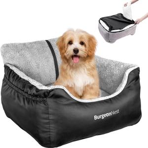 BurgeonNest Dog Car Seat for Small Dogs, Fully Detachable and Washable Cat Carseats Under 25 lbs, Soft Pet Booster Seats with Storage Pockets and Clip-On Leash Portable Car Travel Carrier Bed, Black