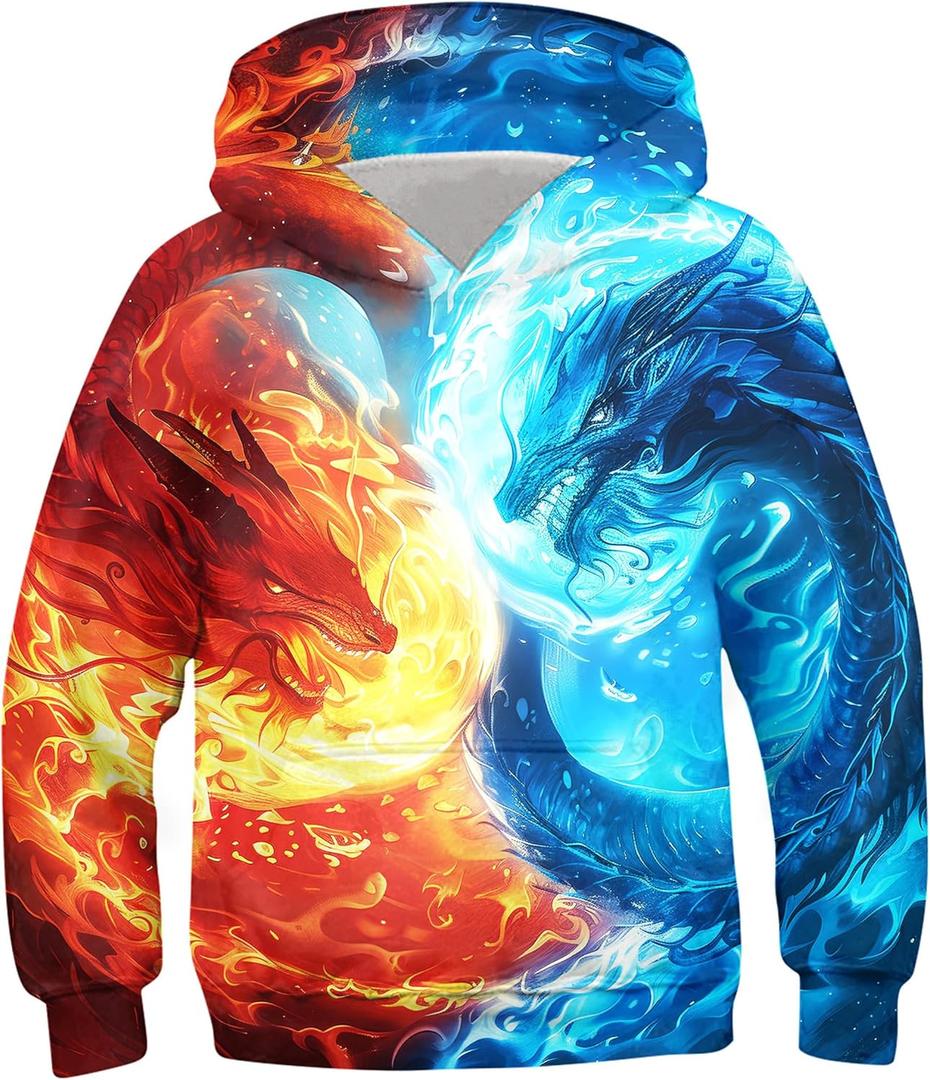 Ahegao Big Boys Orange Flame Sweatshirts Size 12-14 Kid 3D Print Pullover Youth Blue Dragon Hoodies Teens Fashion Long Sleeve Sweater