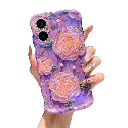 XIZYO Case for iPhone 16, Colorful Retro Oil Painting Flower Cute Floral Aesthetic Curly Wave Frame Laser Glossy Reflective Exquisite Stylish Protective Cover Women Girls-Peony Flower/Purple