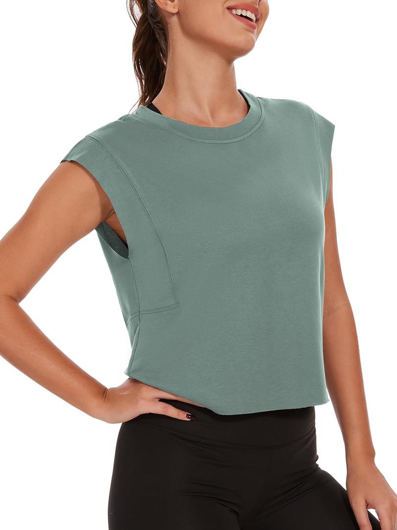 Womens Workout Crop Tank Tops Loose Sleeveless Summer T Shirts Oversize Active Yoga Gym Tee Y2k (XL)