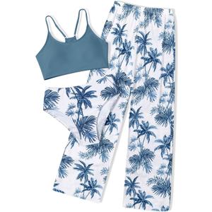 NECIOUS Girls Swimsuit, 3 Piece Bikini Bathing Suit Tropical Floral Swimwear with Cover Up Pants, (15-16 Years, Blue)