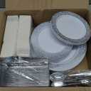 Bestluck 700PCS Silver Plastic Dinnerware Set for 100 Guests, Disposable Plates for Party, Include 100 Dinner Plates, 100 Dessert Plates, 100 Set Silver Silverware, 100 Cups, 100 Napkins