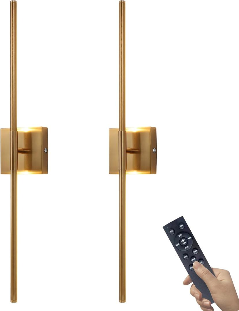 15800 mAh Battery Operated Wall Sconce with Remote Control Dimmable Wall Sconce Set of Two 3000K LED Brass Gold Wireless Wall Light Battery Powered Cordless Rechargeable Sconces Wall Lighting Set of 2