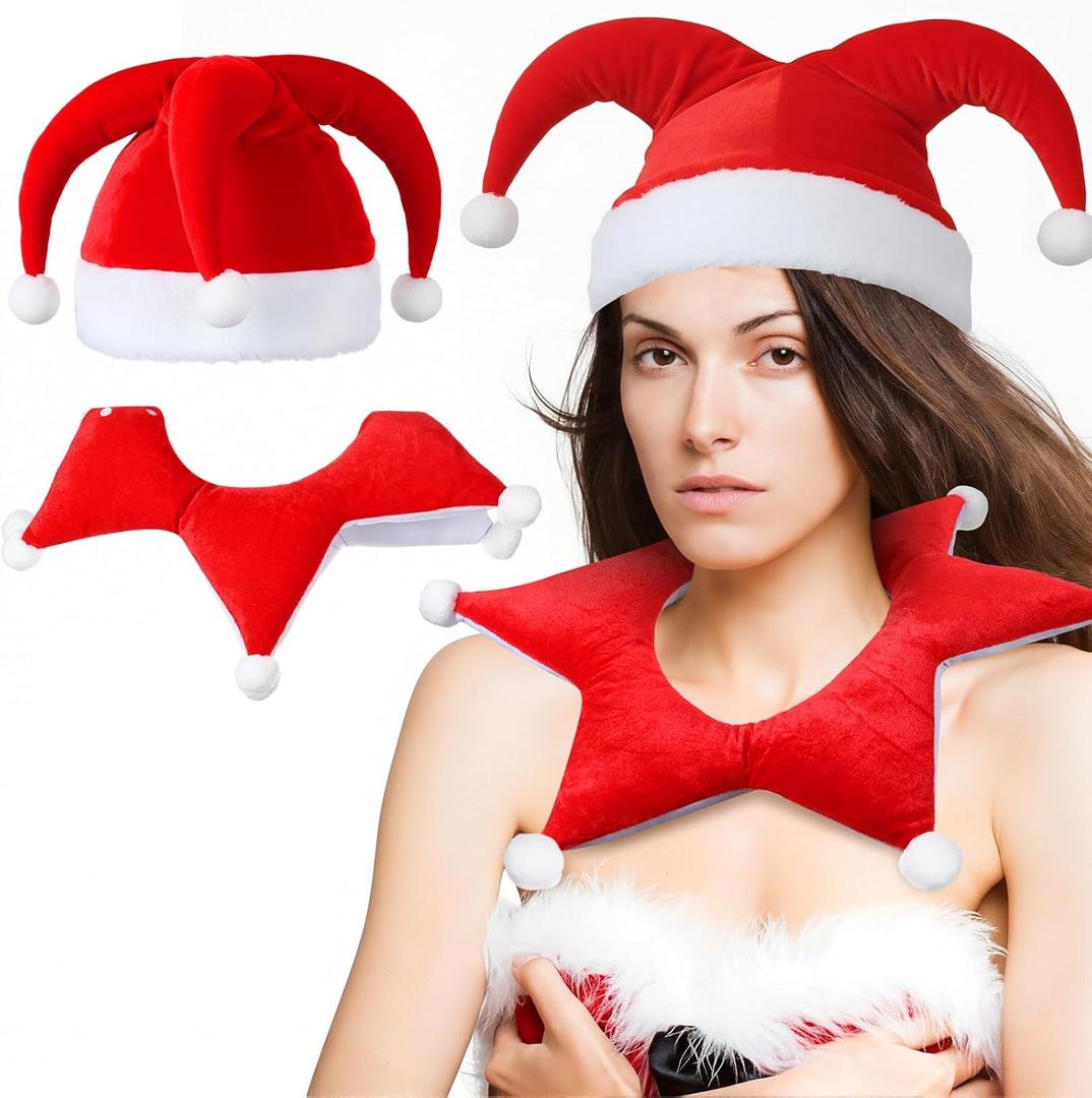 Jecery 2 Piece Red Velvet Jester Hat and Collar for Adult Christmas Costume Red and White Jester Cosplay Accessory Holiday Elf Hats for Christmas Clown Theater Xmas Halloween Party, One Size