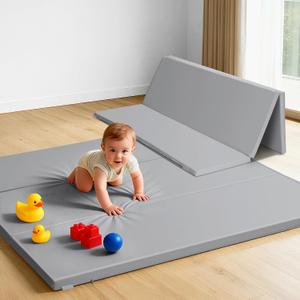 Baby Play Mat, 48 x 48 Inch Foldable PU Leather Waterproof Playpen Mat, 1.6" Extra Thick Foam Floor Mat for Infants and Toddlers, Non-slip Toddler Activity Playmat Cushion, Light Grey