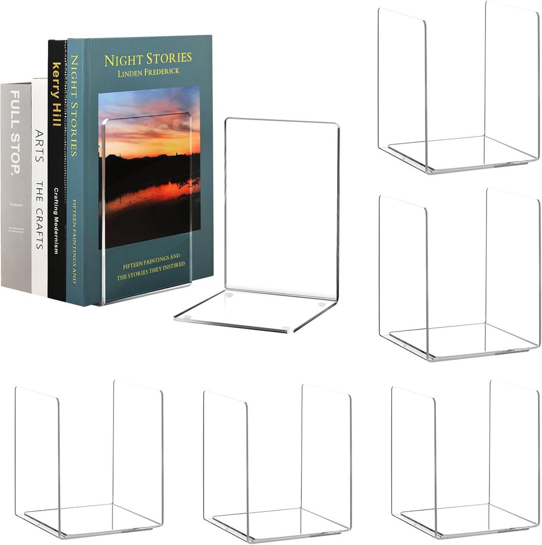 HappyHapi Acrylic Bookends, 12 Pieces - Clear, Non-Skid Decorative Book Ends, Study Book Organizer for Home Library or Office, 5 x 5 x 7.3 inch