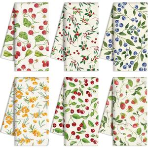 Oudain 6 Pcs Fruit Kitchen Towels Dishcloth Reusable Tea Hand Towels Absorbent Quick Dry Cleaning Cloths Towel for Kitchen Bathroom Housewarming Gifts Home Decoration 23.6 x 11.8", Mixed Fruit