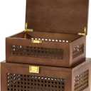Decorative Rattan Storage Boxes Solid Wood Woven Baskets Bins with Lid Keepsake Memory Jewelry Box Natural Boho Shelf Wicker Closet Desk Organizer Container (Walnut Color, Small Size)