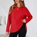 Women's Oversized Long Sleeve Shirts Crew Neck Casual Tops Loose Fit Side Slit Fall Tees (Red, S)