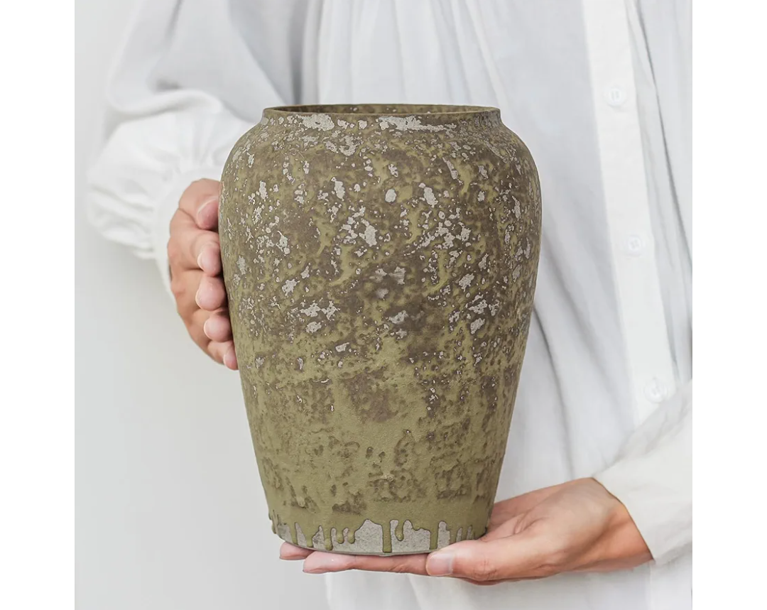 Ceramic Rustic Farmhouse Flower Vase, 8.6 in Wide Mouth Organic Pottery Stoneware Handmade Vintage Terracotta Clay Decorative Vase,Wabi Sabi Home Living Room Table Decor,Gift for Women Girls