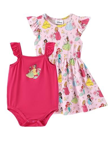Disney Princess Baby Girls Bodysuit and Round Neck Ruffle Sleeve Dress Clothes Outfit Set for Infant Hot Pink 6-9 Months