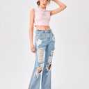 WDIRARA Girl's Cut Out Ripped Pocket Flare Leg Zipper Denim Jeans High Waist Pants
