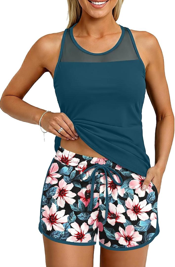 Aqua Eve Women Tankini with Shorts - Tummy Control Two Piece Swimsuit High Neck Bathing Suit with Pockets 2025 Swimwear, Medium