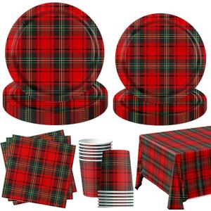 Buffalo Plaid Christmas Decorations, 101pc Christmas Plaid Paper Plates Buffalo Plaid Napkins and Buffalo Plaid Tablecloth Red Plaid Tartan Christmas Plates and Napkins for Holiday Xmas Party Supplies