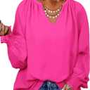 Eytino Women's Plus Size Tops Sexy V Neck Smocked Long Sleeve Casual Chiffon Blouse Flowy Work Shirts(1X-5X) (3X, Bright Pink)