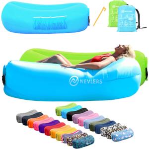 Nevlers 2 Pack Inflatable Loungers Air Sofa Couch | Perfect for Beach Chair Camping Chairs or Portable Hammock |Travel Bag Pouch, Pegs & 3 Pockets| Movie Seating & Camping Accessories Blow Up Lounger (Blue & Green)