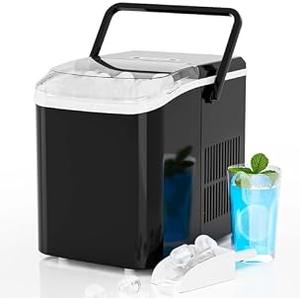 Sweetcrispy Countertop Ice Maker Machine, Portable Self-Cleaning Ice Machine with Ice Scoop, Basket and Handle, 9 Cubes in 6 Mins, 26.5lbs/ 24Hrs, 2 Sizes of Bullet Ice for Home Kitchen, Coal Black