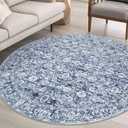 Blue 6' Round Rug Washable Rug for Entryway Soft Non-Slip Area Rugs Distressed Floral Low-Pile Carpet, Neutral Vintage Circle Rugs for Living Room Dining Bedroom Foyer (Blue/White)