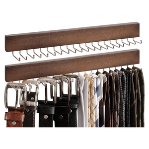 StorageWorks Tie Rack with 20 Hooks, 2-Pack Wall-Mounted Wooden Hangers for Neckties, Belts, Hats, Natural Walnut Color