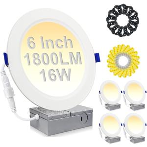 HiBay 4 Pack 6 Inch LED Recessed Ceiling Lights, 1800LM 16W=200W, 5CCT 5000K/4000K/3500K/3000K/2700K Selectable, Dimmable Canless Downlight Fixtures - ETL and Energy Star Certified