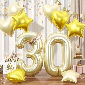 Champagne Gold 30 Balloons, 40inch Light Gold Number 30 Balloons Set, Gold Foil Star Heart Balloon With Long Balloon For 30th Birthday Party Graduation Anniversary 3rd Baby Shower Anniversary Decor - Pack of 3